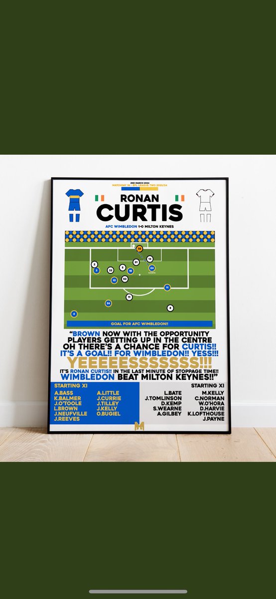 🚨 COMPETITION GIVEAWAY 🚨 We’ve teamed up with @MezzalaDesigns for a giveaway To win a Framed Print of Ronan Curtis’ Goal v MK🔵🟡 To enter, all you need to do is: 🔄 Retweet this post 🤝 Follow @WomblesDream & @MezzalaDesigns Winner to be announced 6th March⏰ #AFCW