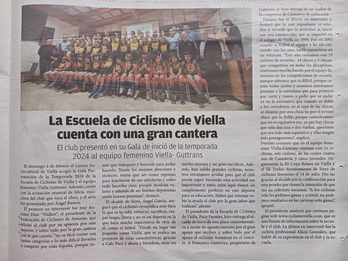 La presentación de los equipos de la Escuela de Ciclismo de Viella-Guttrans recibe la atención del periódico comarcal El Tapin en el número de este mes recalcando su especial implicación en el ciclismo femenino.#CopaEspañaFemCofidis.#Ciclismoasturiano