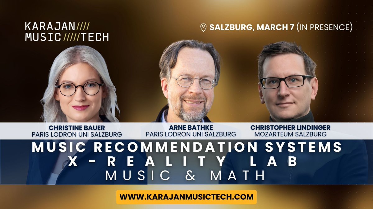 Karajan Music Tech | March 7, 2024 (@karajantech) on Twitter photo ๐ถ๐ Dive into "Music & Mathematics" with <a href="/christine_bauer/">Christine Bauer</a> and <a href="/LindingerCh/">ChristopherLindinger</a>! Join us March 7 at the Karajan MusicTech Conference, Messe Salzburg. ๐ Explore fairness in music recommendation systems & the fusion of performance art with XR/VR. Register at karajanmusictech.com ๐ถ๐ Dive into "Music & Mathematics" with <a href="/christine_bauer/">Christine Bauer</a> and <a href="/LindingerCh/">ChristopherLindinger</a>! Join us March 7 at the Karajan MusicTech Conference, Messe Salzburg. ๐ Explore fairness in music recommendation systems & the fusion of performance art with XR/VR. Register at karajanmusictech.com