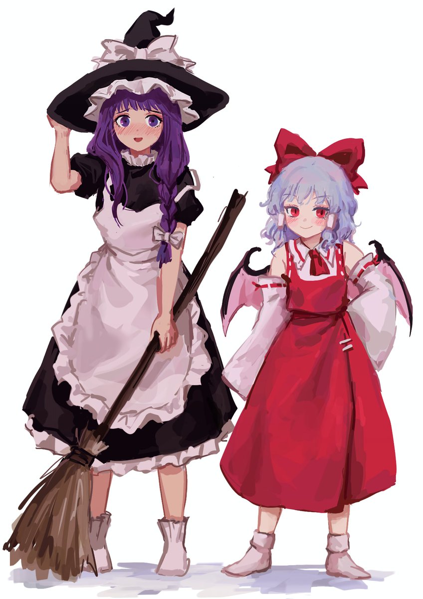 hakurei reimu ,kirisame marisa ,remilia scarlet multiple girls 2girls hat hakurei reimu (cosplay) cosplay broom wings  illustration images
