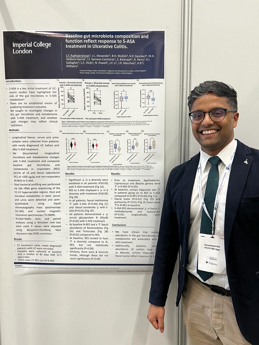 Also flying the flag for @ImperialMDR at #ECCO24 - great to see Dr Shiv Radhakrishnan presenting his #PhD work on the #GutMicrobiome #Metabolome and association with future response to #5ASAs in #UC 👏 @BugsImperial @NPCUK1 @ImperialBRC @NickPowellLab