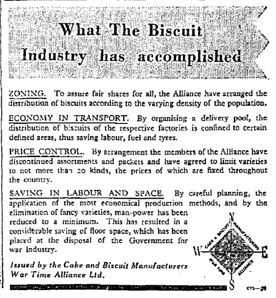 MickHayes1's tweet photo. On the same page from January 1943 as the Osram ad, a brilliant #SWWad from the Cake and Biscuit Manufacturers War Time Alliance, outlining all the forms of government control of supply utilised in that industry, concentration, zoning and price controls. #history 1/ https://t.co/CPJkzi64CC