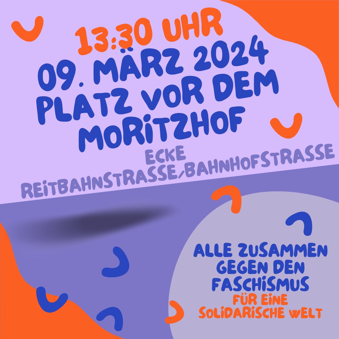 Wir haben Neuigkeiten zur Demonstration am Samstag dem 9. März! 
Der Treffpunkt steht nun fest: Wir treffen uns um 13:30 Uhr auf dem Platz vor dem Moritzhof (Ecke Reitbahnstraße, Bahnhofstraße). 
#Chemnitz #c0903 #zusammengegenrechts