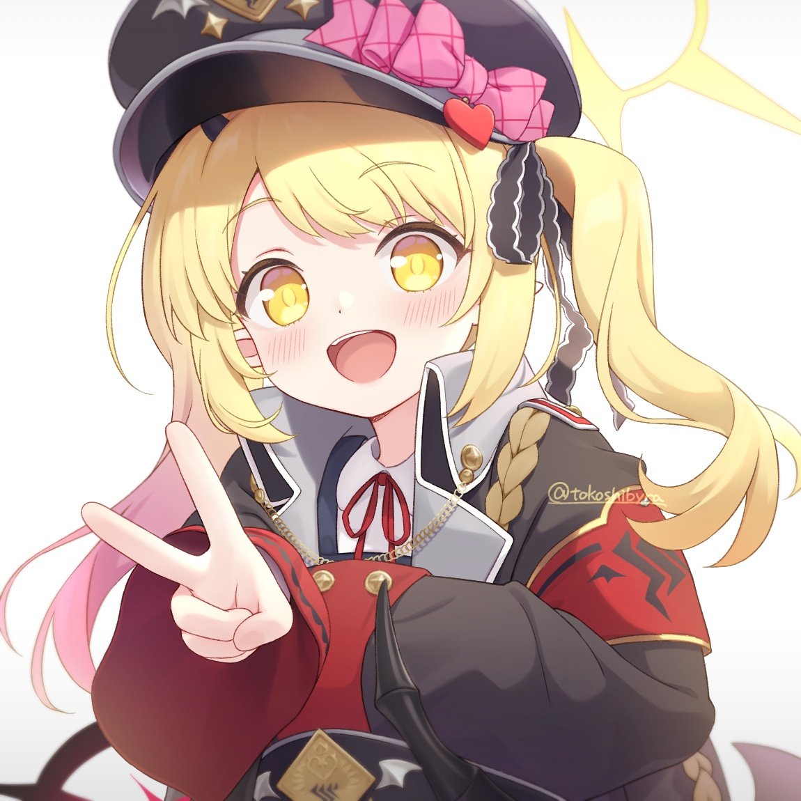 ibuki (blue archive) 1girl blonde hair hat solo yellow eyes v smile  illustration images