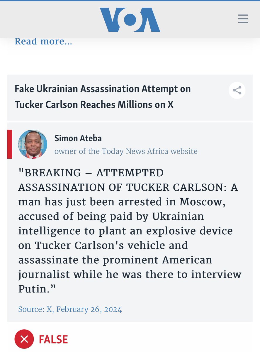 simonateba's tweet photo. DEVELOPING: The US government, aka, the CIA, using the discredited and unreliable “Voice of America,” @VOANews and other agencies, attacking me. They added me to a list of Russians they say lie. Particularly they claim Ukraine didn’t try to assassinate Tucker Carlson. The question is, who tried to kill the prominent American journalist hated by the mainstream media? Who wants Tucker Carlson dead? 

They said the assassination attempt was Russia’s propaganda, a Russian ploy. But this is not about Tucker Carlson. This is about 2024. Once your posts begin to reach almost half a billion views on X, the main social media for news in the world, they try hard to discredit you. 

Stand with me and keep reposting all my posts and leave comments to make your voices heard. We are going to war against misinformation and vicious propaganda. May God help us get only the truth out there. Amen.