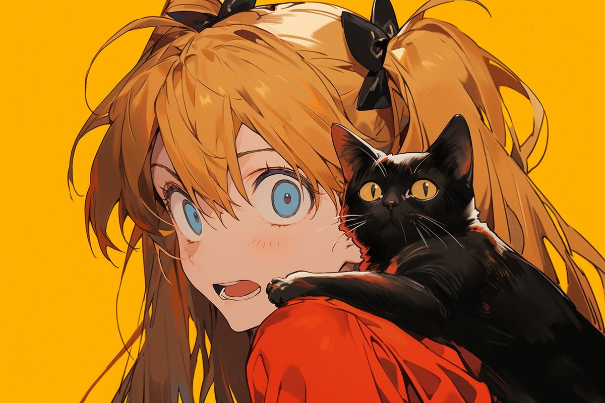 souryuu asuka langley 1girl cat blue eyes open mouth black cat long hair looking at viewer  illustration images