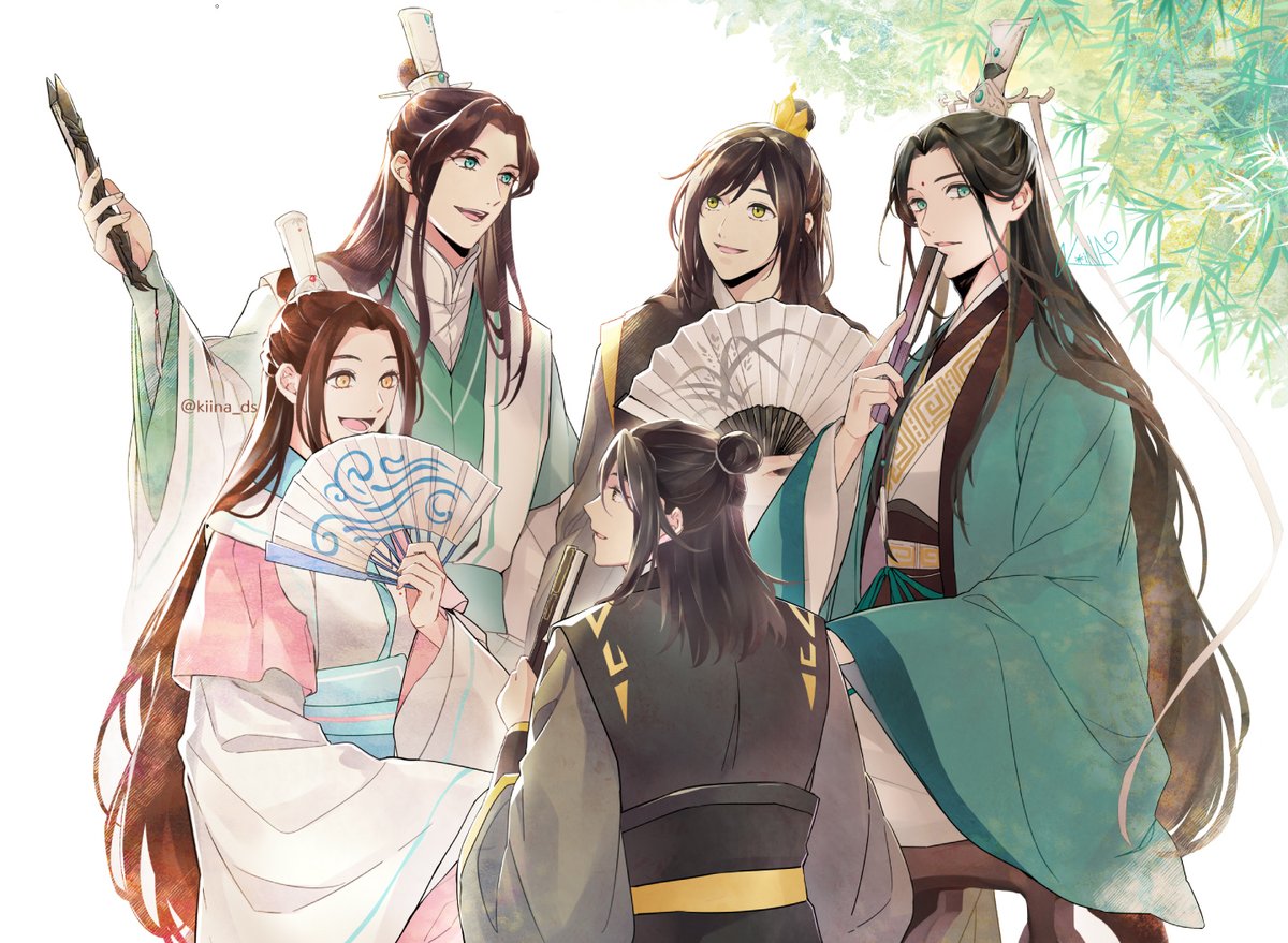 hanfu hand fan chinese clothes holding fan long hair multiple boys holding  illustration images