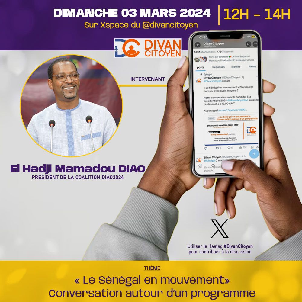 Je suis l'invité du <a href="/DivanCitoyen/">Divan Citoyen</a> de ce dimanche sur Twitter (X).
Rejoignez-moi en direct à partir de 12h pour un Space autour du thème: « Le Sénégal en Mouvement ».

#DivanCitoyen
#Space
#Programme
#LeSénégalenmouvement
#JubantisunuGaalGui
#Diao2024