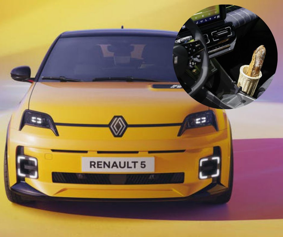 Renault 5 comes with an optional extra, now you can upgrade your ride with a BOUJEE baguette holder! 🤣 If you could pimp your ride with ANY extra gear, what would it be? 🤔 We're thinking a seat designed for dogs on the passenger side! 🐾