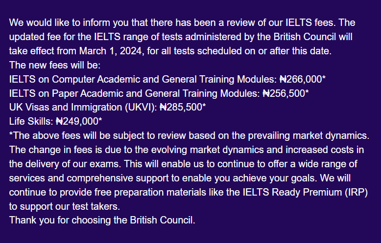 realDidKnow's tweet photo. IELTS new fees will be: 
IELTS on Computer Academic and General Training Modules: ₦266,000*
IELTS on Paper Academic and General Training Modules: ₦256,500*
UK Visas and Immigration (UKVI): ₦285,500*
Life Skills: ₦249,000*

Source: https://t.co/Fr6MuabP2W
#Rema #MrIbu https://t.co/ALBcN5KmlB