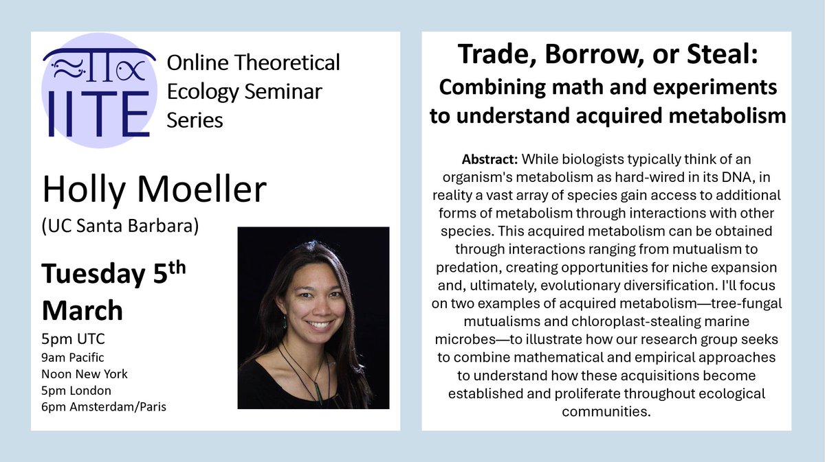 📢Join us tomorrow for our online seminar! Holly Moeller (UCSB) @mixotrophe will present: ⭐️Trade, Borrow, or Steal: Combining math and experiments to understand acquired metabolism ⭐️ Free to all to join! Zoom link: iite.info/seminar/ Global times: timeanddate.com/worldclock/fix…