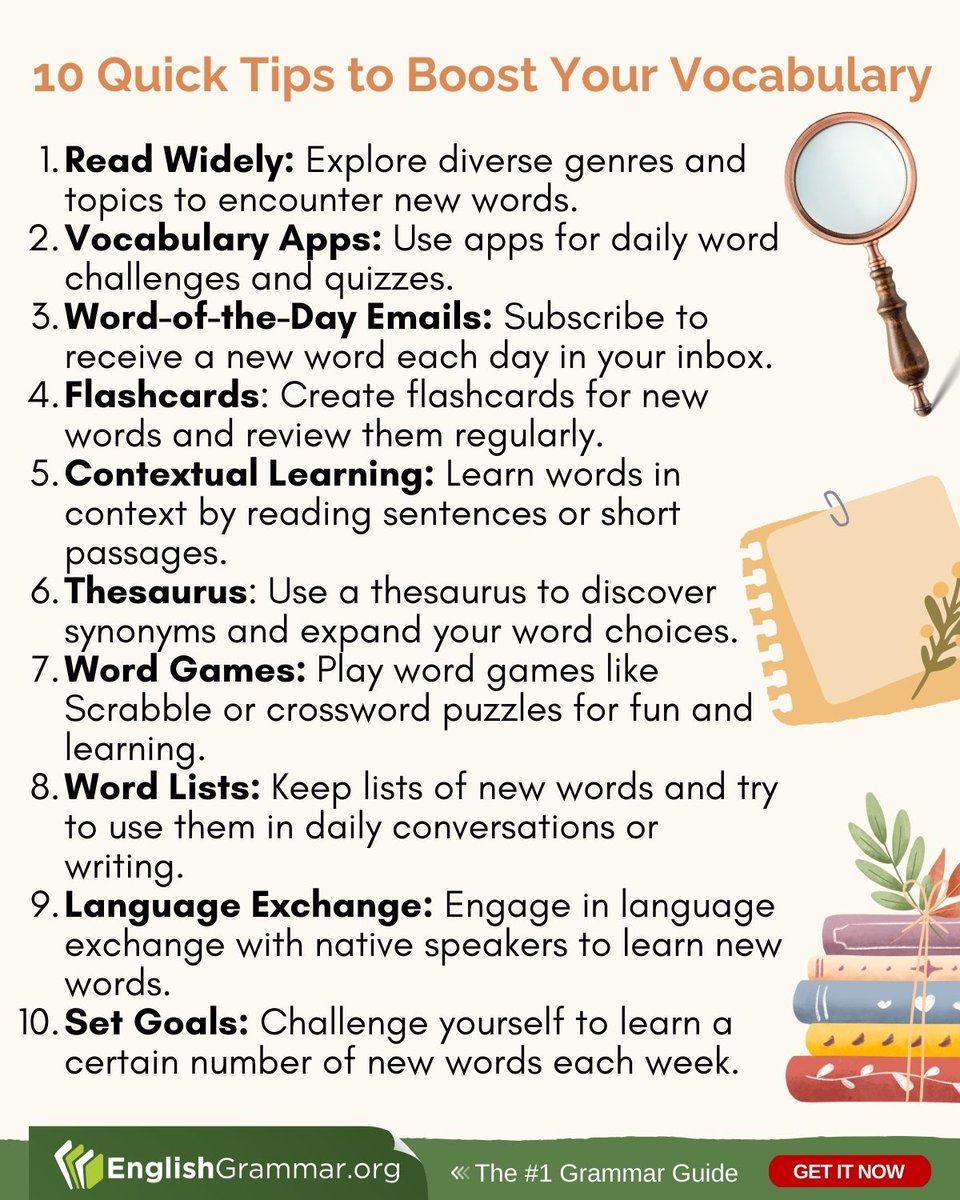 GrammarUpdates's tweet image. 10 Quick Tips to Boost Your Vocabulary
#vocabulary #Englishgrammar #writingtips