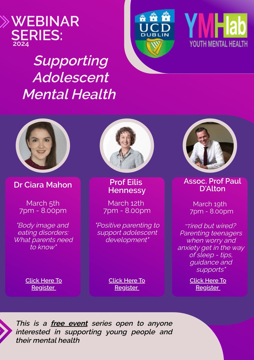 Youth Mental Health Lab UCD presents:

“Supporting Adolescent Mental Health Webinars”

This is a FREE EVENT series 

To register click the links below 👇

Body Image ucd-ie.zoom.us/webinar/regist…

Positive Parenting ucd-ie.zoom.us/webinar/regist…

‘Tired but wired’ ucd-ie.zoom.us/webinar/regist…