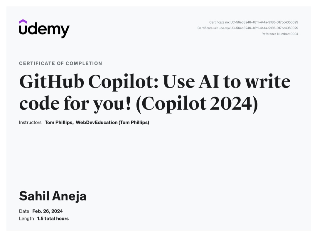 sahilaneja10's tweet image. 🚀 Completed the Udemy course on GitHub Copilot this week! 🎓 Explored the ins and outs of this coding companion. 💻🌟 #GitHubCopilot #CodingCompanion #TechLearning