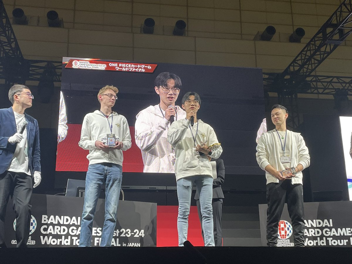 ONEPIECE_tcg_EN's tweet photo. [2023 World Championships]

Hello ONE PIECE Pirates!
The ONE PIECE Card Game 2023 World Championship finals at #BCGFest Japan 23-24 is now over and we have a new pirate king!

GuanRong (ASIA, Malaysia) is now the 2023 ONE PIECE Card Game World Champion!
Followed by 
Second Place, railz0 (Europe, Croatia) 
Third Place, Clyde (North America, USA)

Congratulations to all of our finalists from all over the world who competed today!!

#onepiececardgame
#BCGfest
#bandaicardgames
