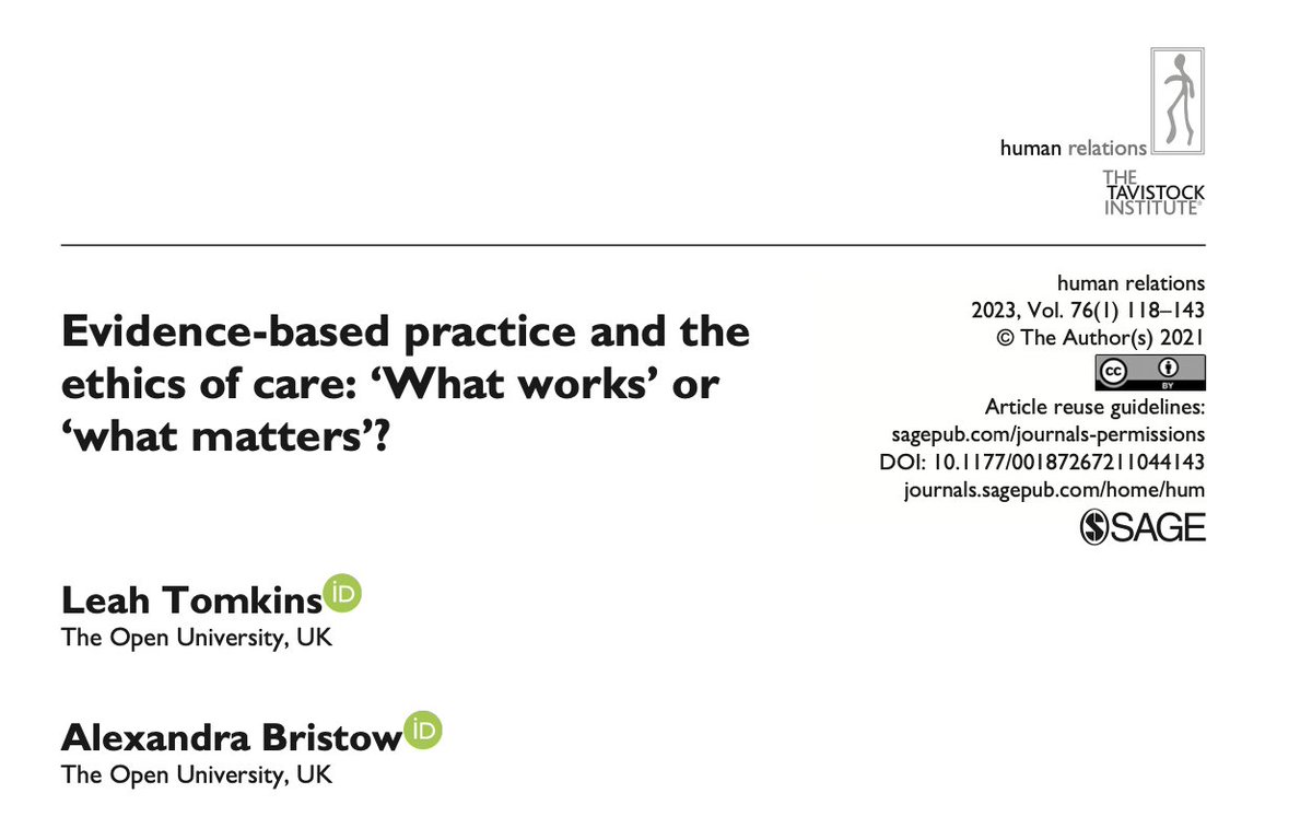 Free #access article of the month @HR_TIHR! Evidence-based practice and the ethics of care: ‘What works’ or ‘what matters’? Why and how has #evidence #based #practice become distorted in practice, and what can be done? doi.org/10.1177/001872… @T_I_H_R @OpenUniversity