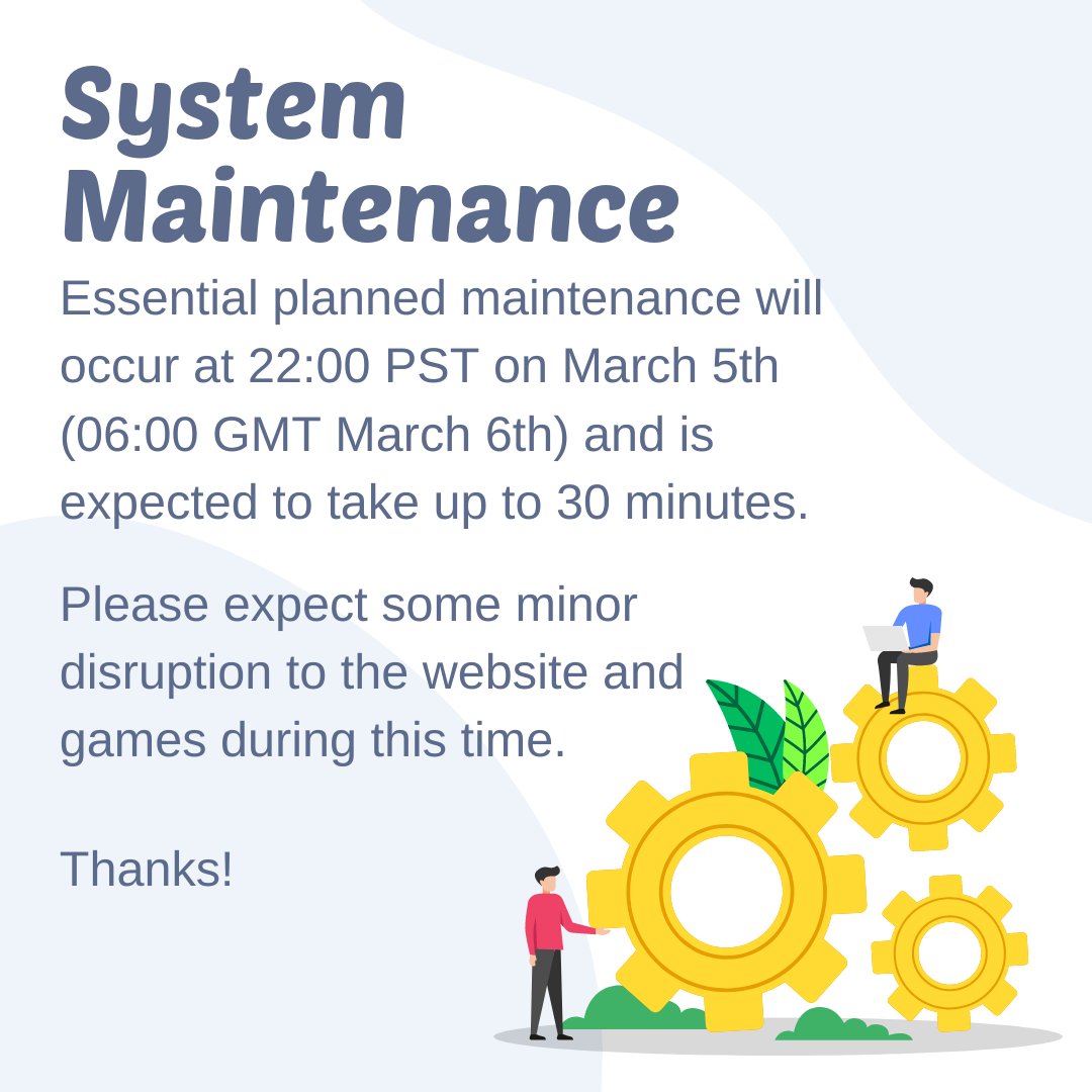 Morning all! There will be some essential planned maintenance taking place at 22:00 PST on March 5th (06:00 GMT March 6th) and is expected to take up to 30 minutes. Please note that there will be some minor disruption to the main Heardle Decades website & some games. Thanks :)