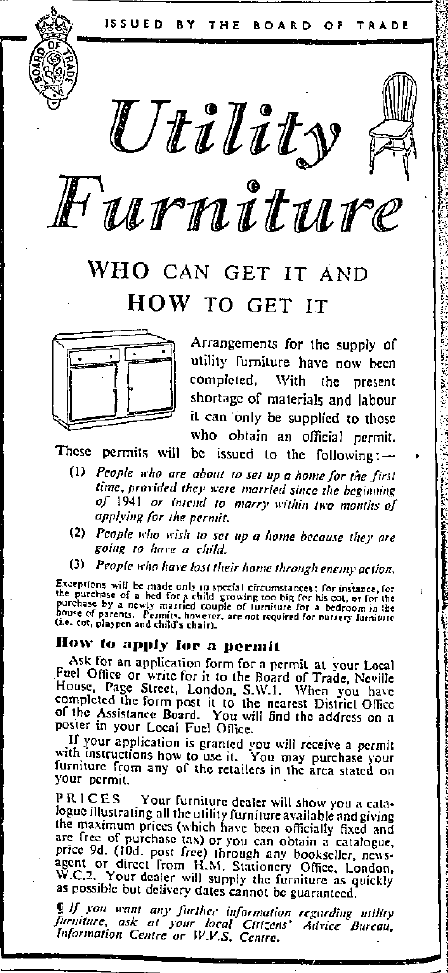 MickHayes1's tweet photo. Final #SWWad from this edition of the Daily Express, though not a commercial one, is announcing the introduction of utility furniture and explaining the requirements and process for getting it and the prices. https://t.co/iWbUFi0kes