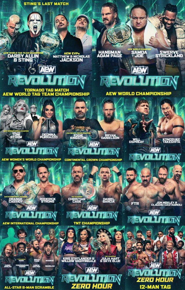 Predictions for Revolution tonight. 

BCGold & Acclaimed (Praying this shit ends after tonight)

Stat & Willow 

Hobbs or Jindrak Jr. (Wardlow) I guess, don’t really care bout this match

BCC

DG

Roddy 

Ospreay 

Eddie 

Toni 

Joe 

Young Bucks