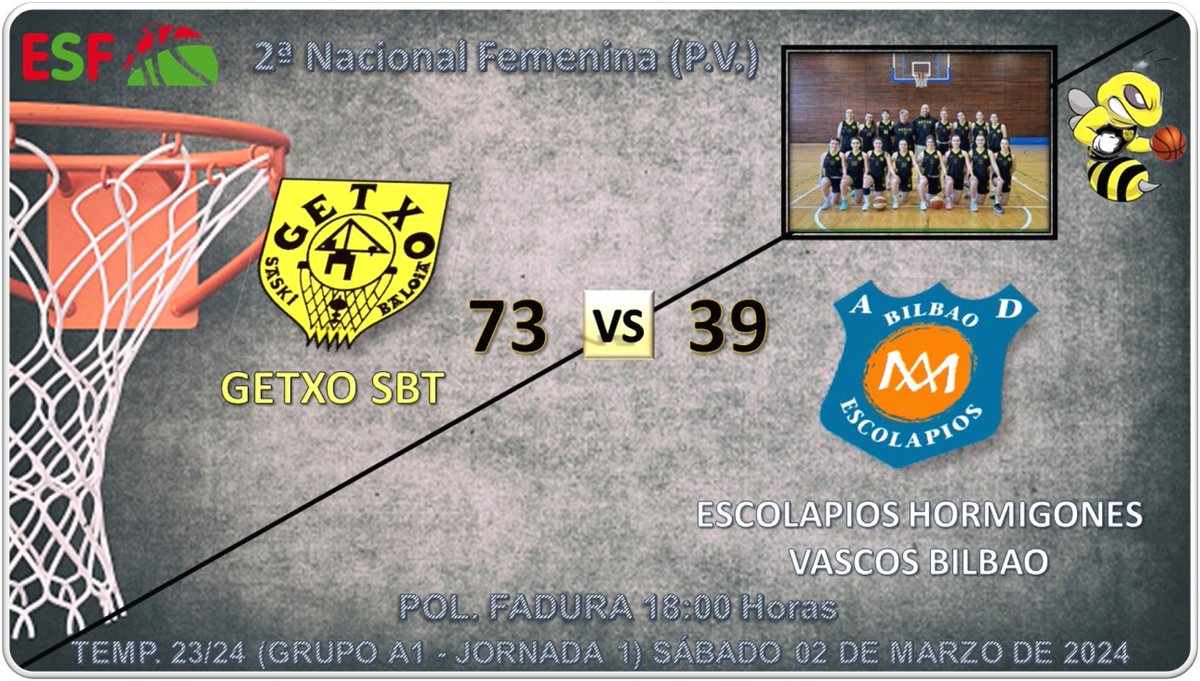 GETXO SBT 73🆚39 ESCOLAPIOS HORMIGONES VASCOS BILBAO 📢2ª NACIONAL FEM. - TEMP 23/24 (GRUPO A1 - JORNADA 1) Comienza la 2ª Fase de nuestras chicas del Nacional en A1 con victoria. 👏👏 Sorionak Neskak!!