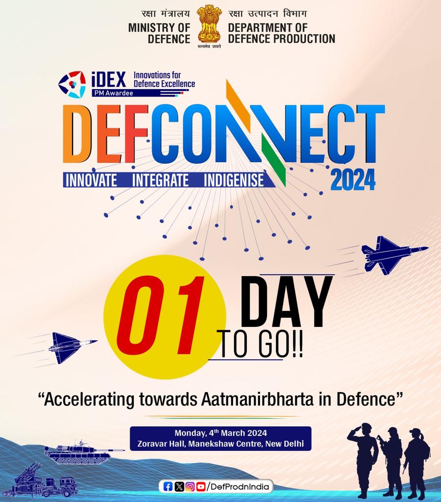 Taking a giant leap forward towards promoting indigenous innovation & facilitating partnerships to address the evolving security challenges,Innovations for #iDEX under the aegis of DDP, MoD is organising #DefConnect2024 🗓️4th March 2024📍New Delhi Details👉🏻pib.gov.in/PressReleasePa…