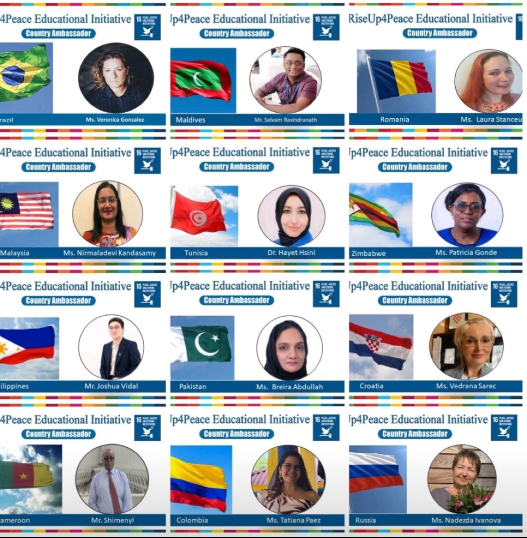 Meet Country #Ambassador4Peace of the #RiseUp4Peace Education Initiative! It's time to spread the message of peace and unity across the globe .🌎 All set to inspire educators and students in their respective countries to join hands and work towards achieving #SDG16.