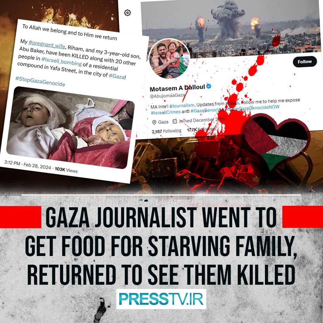 Humans of Gaza: Gaza journalist went to get food for starving family, returned to see them killed

By @HumairaAhad_83 

#HumansOfGaza 

presstv.ir/Detail/2024/03…