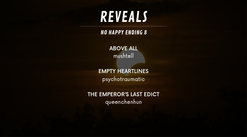 nohappyendingfs's tweet photo. A big round of applause to all the authors who participated in NHE8 👏 This fest is nothing without you 🖤💙

Thanks to everyone who took the time to check the works out. And if you haven't yet, you can still catch up on some reading ⤵️

https://t.co/1o9FYXiAW4 https://t.co/t8dUJQ6QKs