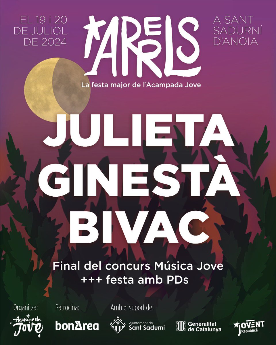 ARRELS, la Festa Major de l’Acampada Jove, arriba a Sant Sadurní d’Anoia aquest 19 i 20 de juliol amb Julieta, Ginestà, Bivac i més sorpreses🥳
Us esperem! Primeres 200 entrades  12 euros❤️‍🔥👇🏻

acampadajove.cat/entrades/