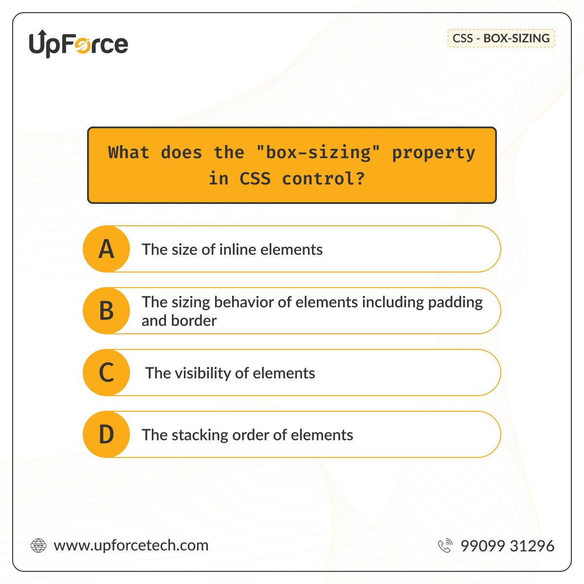 UpforceT60125's tweet image. "🧐 Time for a CSS quiz! 🎉 Do you know what the 'box-sizing' property controls in CSS? 🤔 Test your knowledge and drop your answer in the comments below! Let's see who's got the CSS chops! 💻✨ #CSSQuiz #TechTrivia #WebDev"
