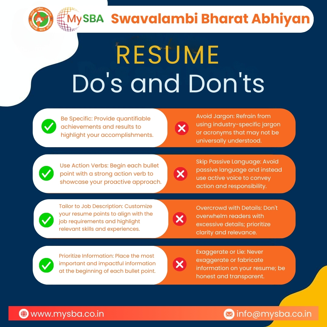 Crafting a standout resume? Here are some essential do's and don'ts to help you shine in your career journey! 📝✨
.
.
.
 #ResumeTips #CareerAdvice #JobSearch #ResumeWriting #CareerDevelopment #ProfessionalTips #JobHunting #swavalambibharatabhiyan
#joinswadeshi #mysba