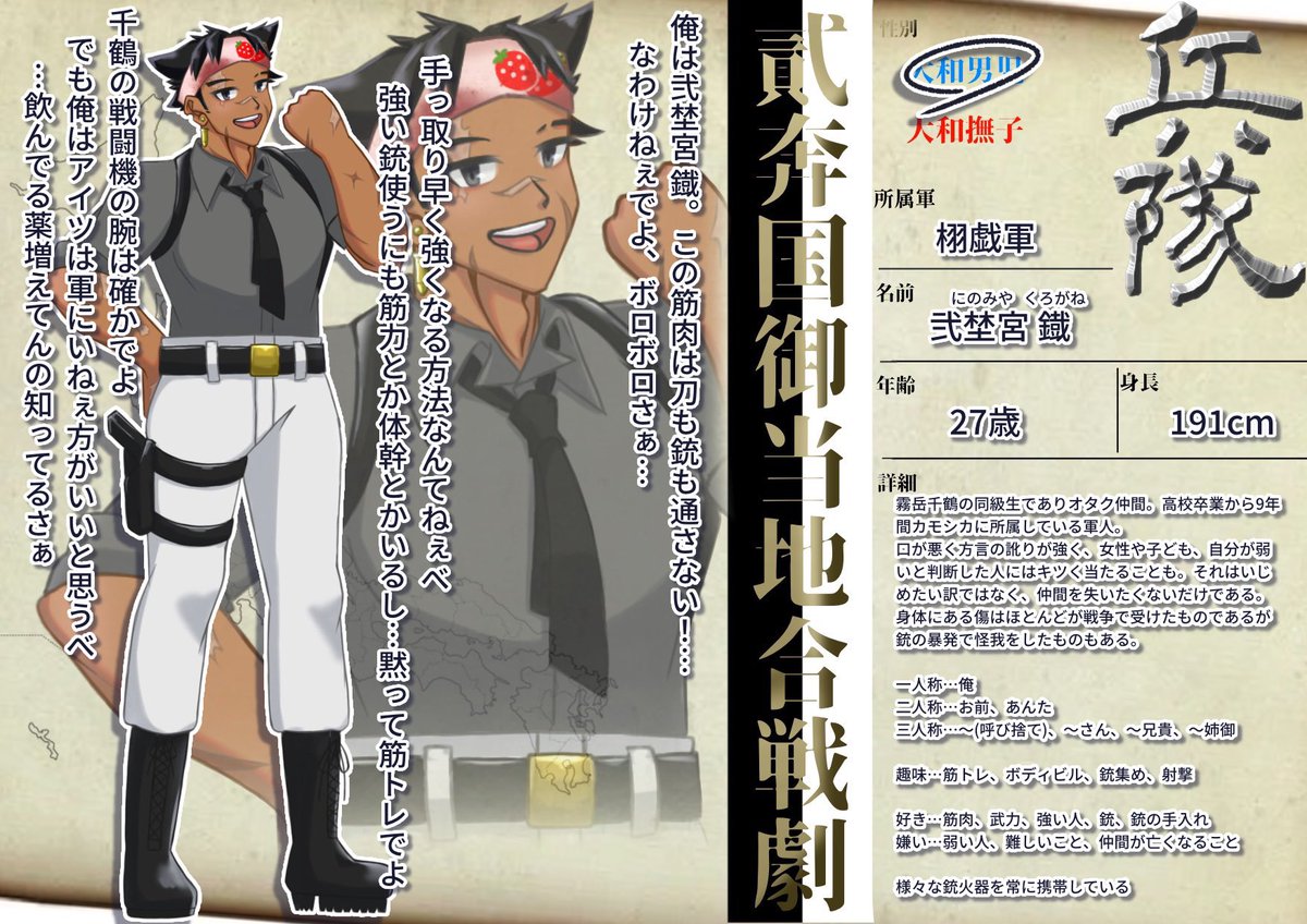 free_Yonryu_4's tweet photo. 【@nikokugeki 】
こちらの企画に引き続き参加させていただきます！
強さと筋肉を追い求める脳筋銃オタクです！
うちうちで関係がありますがよろしくお願いします！

#貮国劇_軍人許可証
#貮国劇_兵隊
#貮国劇_栩戯 https://t.co/pWBfICXvPW