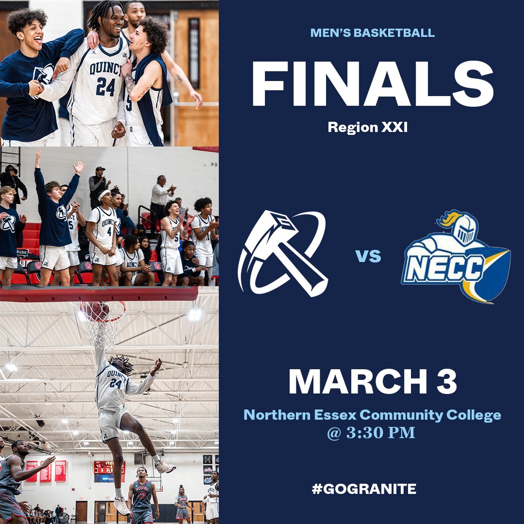 🚨<a href="/QCMBB/">Quincy College Basketball</a> GAME DAY🚨

🏟️ NJCAA REGION XXI FINALS
🆚 <a href="/NorthernEssex/">NorthernEssexCC</a> 
📍 <a href="/NorthernEssex/">NorthernEssexCC</a> 
100 Elliot Street, Haverhill, MA 01830
⌚️ 3:30PM
💻 youtube.com/@necc?feature=…

#GraniteBasketball #QC #GoGranite
