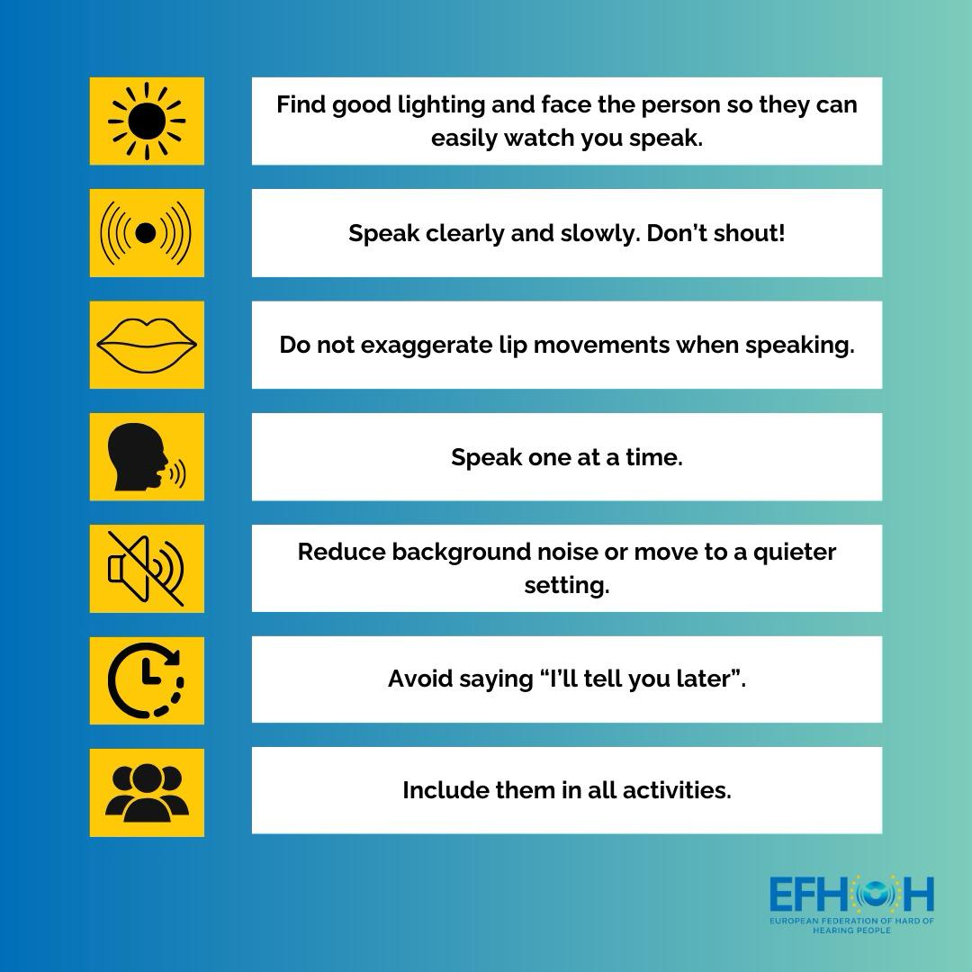 EFHOH celebrates World Hearing Day today.
Do you know what it means to be Hearing Loss Friendly?
Here are the tips!