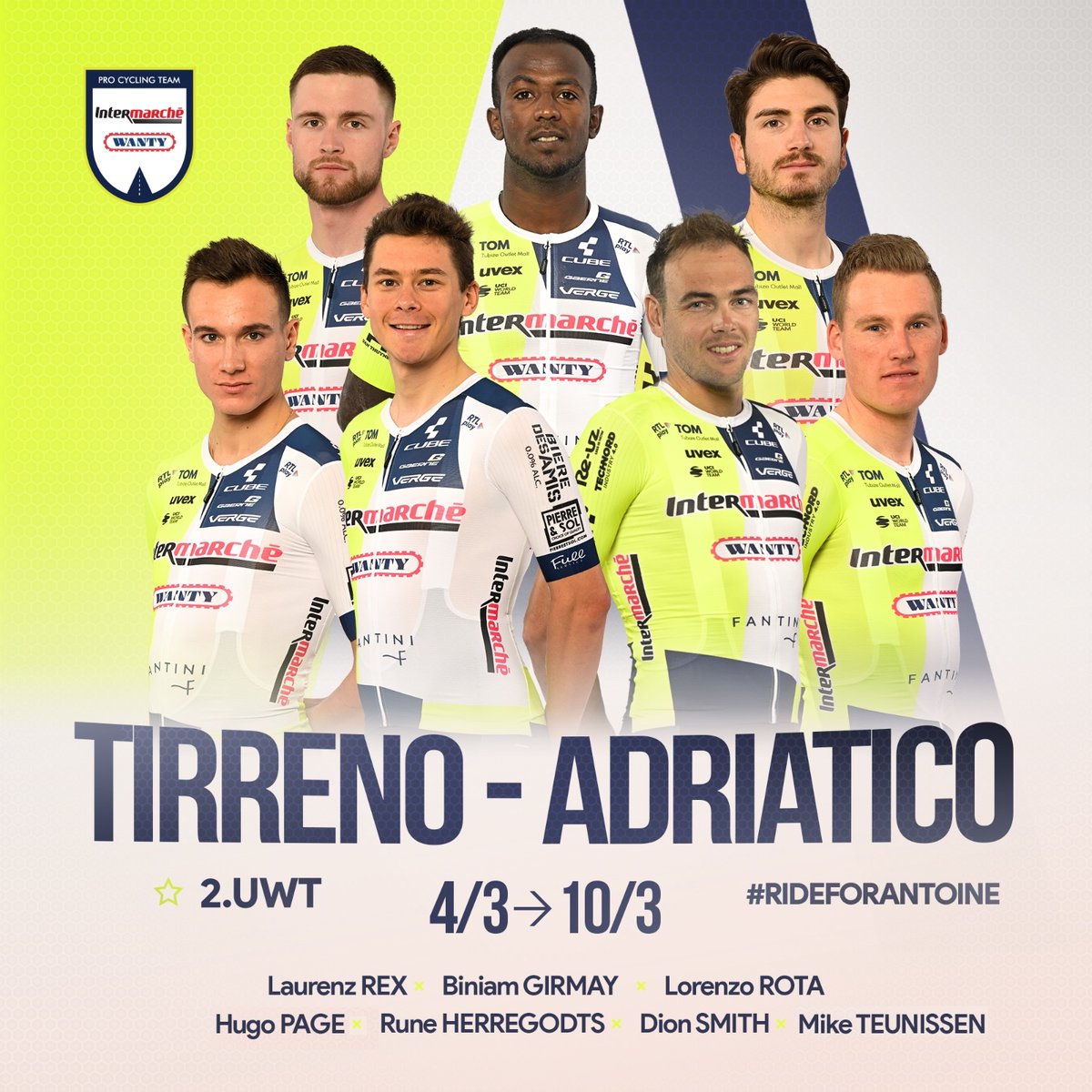 Looking forward to race #TirrenoAdriatico all week 🌊🔱 🇪🇷 Biniam Girmay 🇧🇪 Rune Herregodts 🇫🇷 Hugo Page 🇧🇪 Laurenz Rex 🇮🇹 Lorenzo Rota 🇳🇿 Dion Smith 🇳🇱 Mike Teunissen