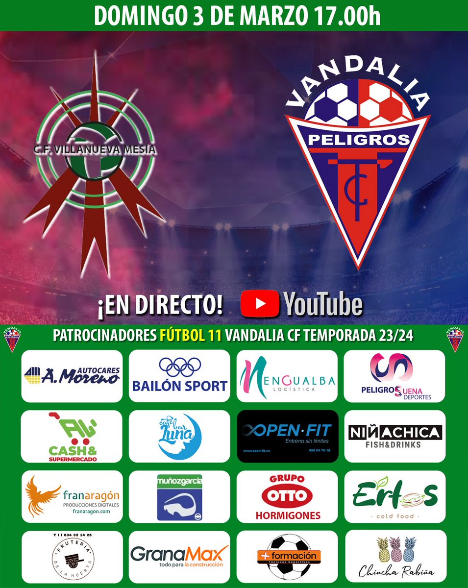 📆 Hoy a las 17.00h
⚽ CF Villanueva Mesía vs Vandalia CF
🥇 1ª Andaluza senior
🟩 Campo municipal Villanueva Mesía
🖥 En directo youtube.com/live/yA1xgwZun…