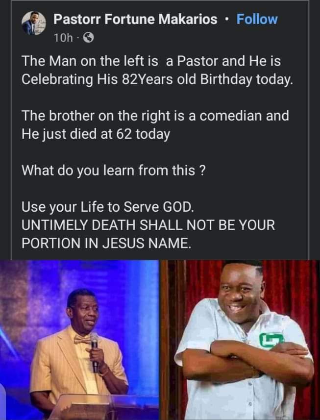 Oga pastor, you go explain tire. Nowadays, they don't wait for God to call them. Instead they call their self and tag it pastor. Vomiting trash from his mouth forgetting that the same 82years old pastor has lost his son of 42years old. Does it mean that his son was serving devil?