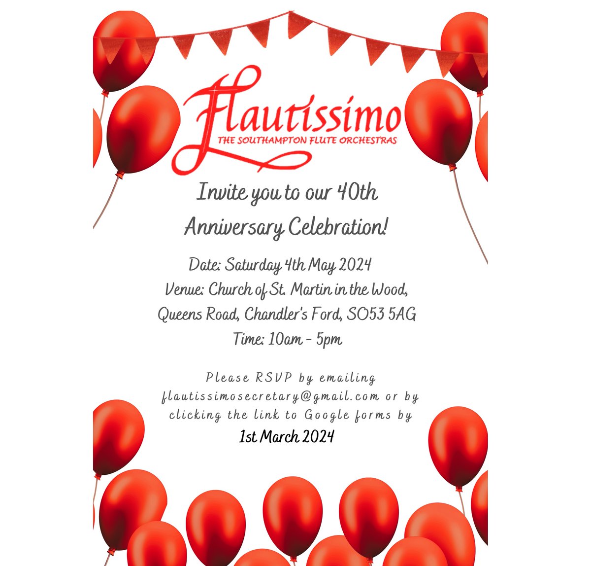 🎉 Join the celebration of Flautissimo's 40th Anniversary! 🎶✨ 📅 Save the Date: Saturday, May 4, 2024 🕙 Time: 10:00 AM - 5:00 PM 📍 Location: Church of St Martin in the Wood, Chandler’s Ford