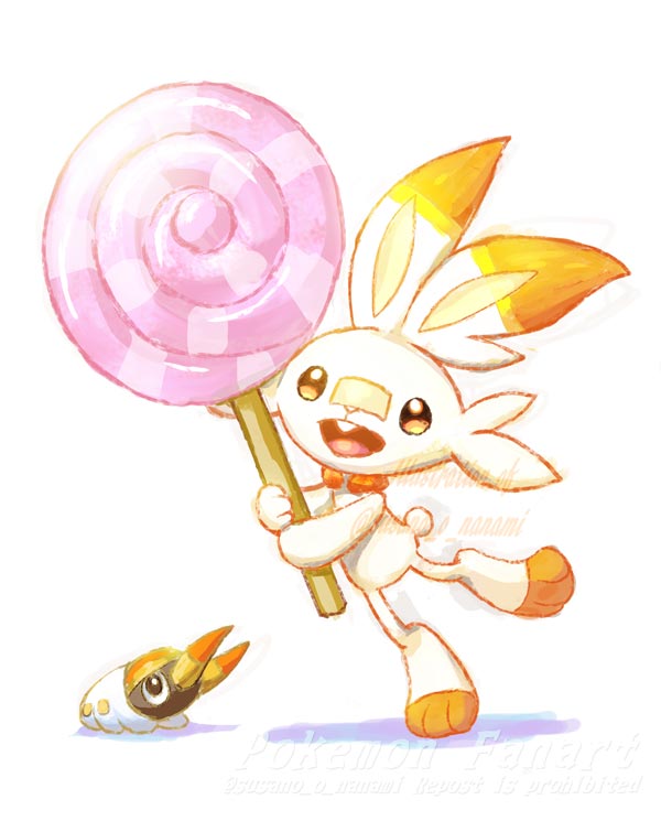 scorbunny candy pokemon (creature) food lollipop no humans holding white background  illustration images