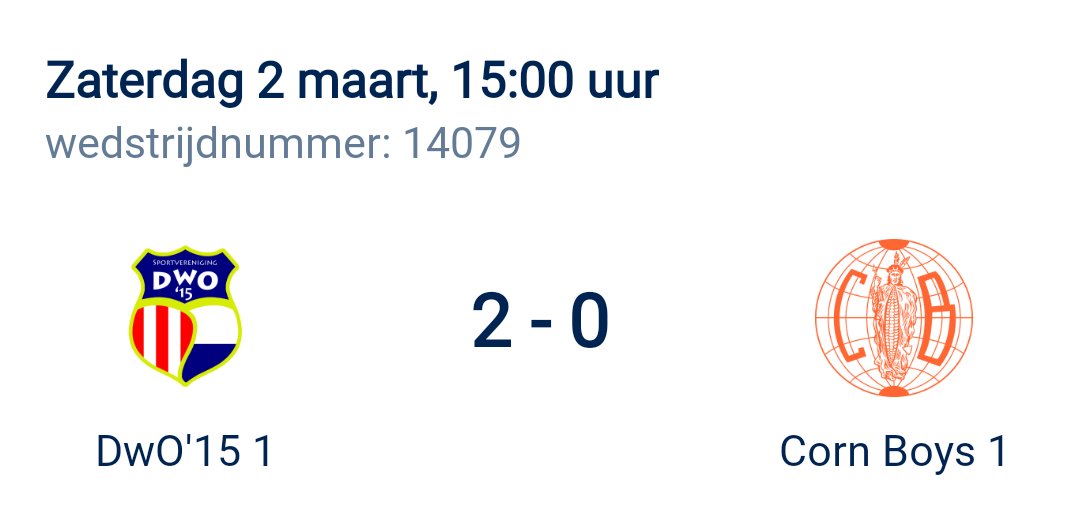 Helaas zijn onze boys van <a href="/CornBoys/">Corn Boys</a> er niet in geslaagd om de 3 punten mee naar Sas te nemen. Het werd tegen <a href="/DwO15_/">DwO'15</a> 2-0. Jammer, blijven werken naar de volgende wedstrijd. 
#OneTeamOneFamily #cornboyssasvangent