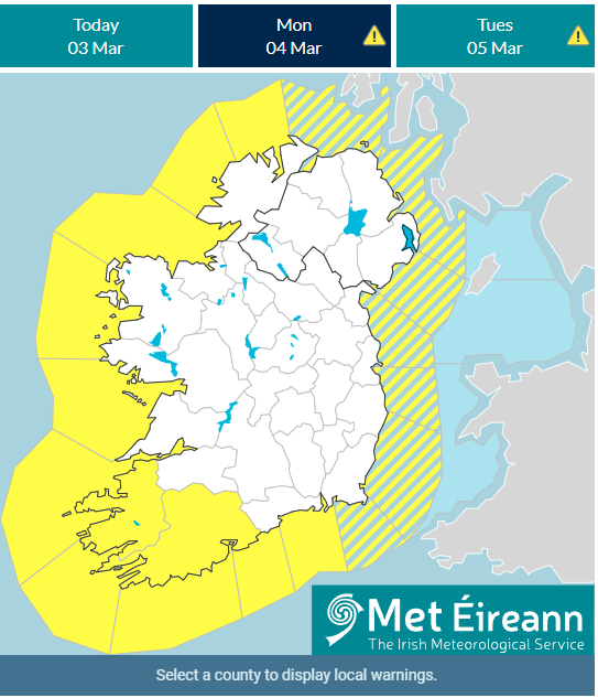 ⚠️Status: Yellow - Wind and Rainfall warning for Cork, Kerry⚠️

From Monday evening to Tuesday morning, very strong &amp; gusty west to southwest winds and spells of heavy rain.

Valid: 19:00 Monday 04/03/2024 to 06:00 Tuesday 05/03/2024

More here⬇️
met.ie/warnings-tomor…