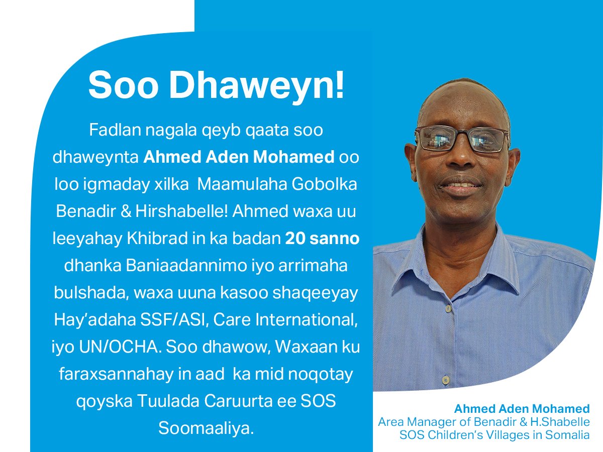 Exciting News!🎉Please join us in welcoming Ahmed Aden to the @SOSCVSomalia team as our Area Manager for Benadir&Hirshabelle State! With over 20years of experience in humanitarian and development work, He brings invaluable expertise to our mission.thrilled to have you with us🚀🚀