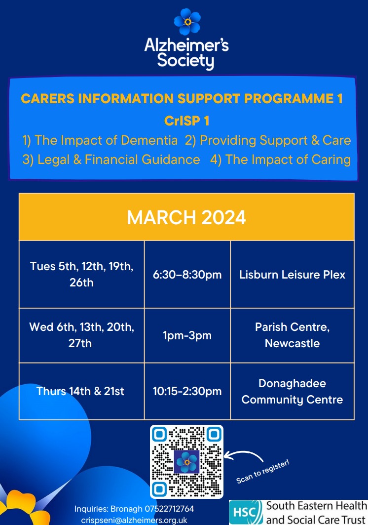 We have spaces for carers to attend CrISP in March. If you live in, or support someone living in, South Eastern Trust, complete this form and someone will be in contact to book you on to a programme forms.office.com/e/m3qHbukxcB