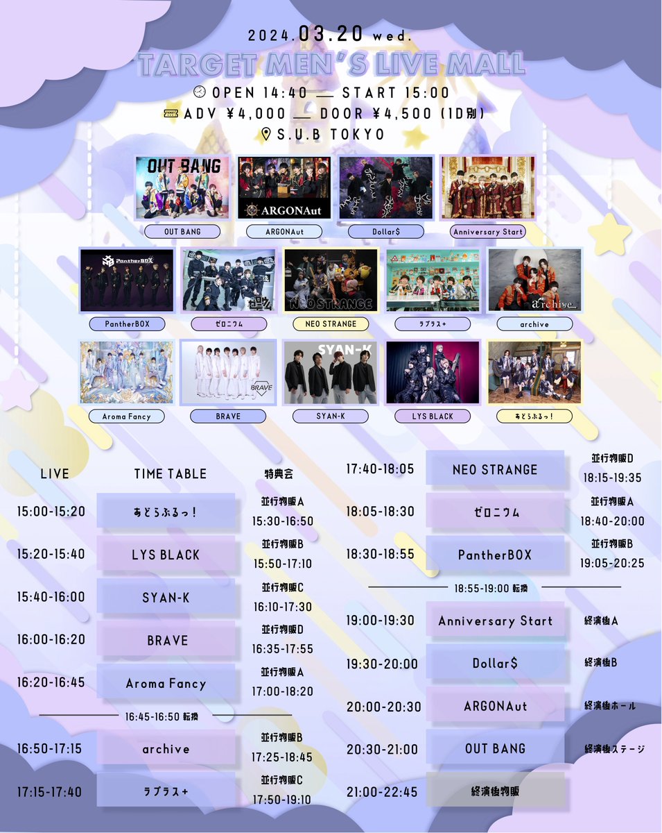 target_hs2's tweet photo. ☁️TARGET MEN’S LIVE MALL mini Vol.12☁️

開催日 : 2024.03.20(水)
open/start : 14:40/15:00
会場 : S.U.B TOKYO
ticket : 前売4,000円/当日4,500円(1D別)
▹ https://t.co/m1o1MFH7jk
2024.03.08(金)22:40-販売開始 https://t.co/2pZGzGhcFh