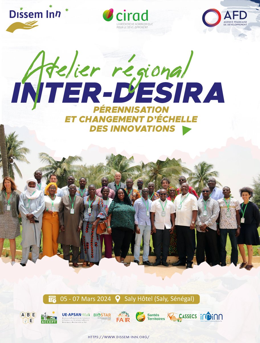 DISSEM INN (@disseminn) on Twitter photo 📢 𝐀 𝐯𝐨𝐬 𝐚𝐠𝐞𝐧𝐝𝐚𝐬! 
Le 2e Atelier régional Inter-DeSIRA sur la pérennisation et le changement d'échelle des innovations au Sahel approche! 
📍👉 Saly Hôtel, Mbour #Sénégal
📆👉05-07 mars 2024 📢 𝐀 𝐯𝐨𝐬 𝐚𝐠𝐞𝐧𝐝𝐚𝐬! 
Le 2e Atelier régional Inter-DeSIRA sur la pérennisation et le changement d'échelle des innovations au Sahel approche! 
📍👉 Saly Hôtel, Mbour #Sénégal
📆👉05-07 mars 2024
