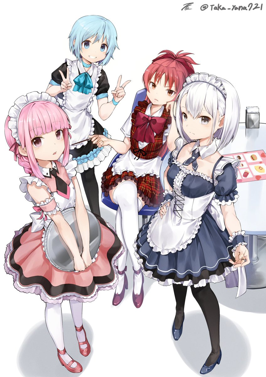 miki sayaka ,sakura kyoko ,sakura kyouko ,tamaki iroha multiple girls maid headdress v pantyhose blue hair pink hair red hair  illustration images