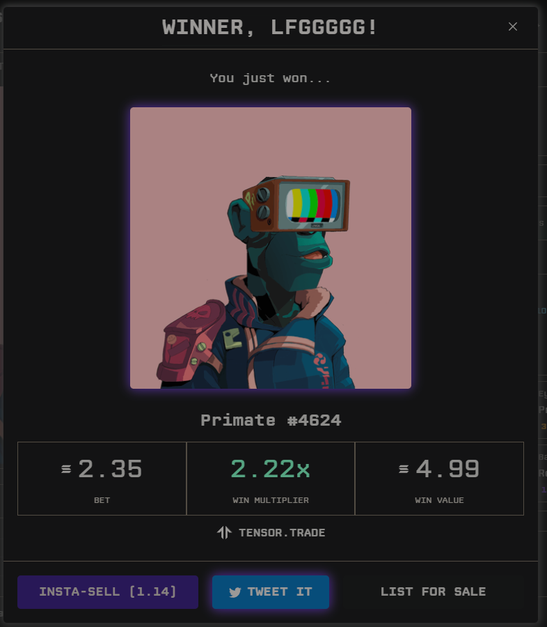 New owner of Primate #4624 reporting in 🫡

YOLO-bought on Tensor for just 2.35SOL 🤪 <a href="/Primatesnft/">Primates🌿</a>  <a href="/PriTVDAO/">PriTV DAO</a>