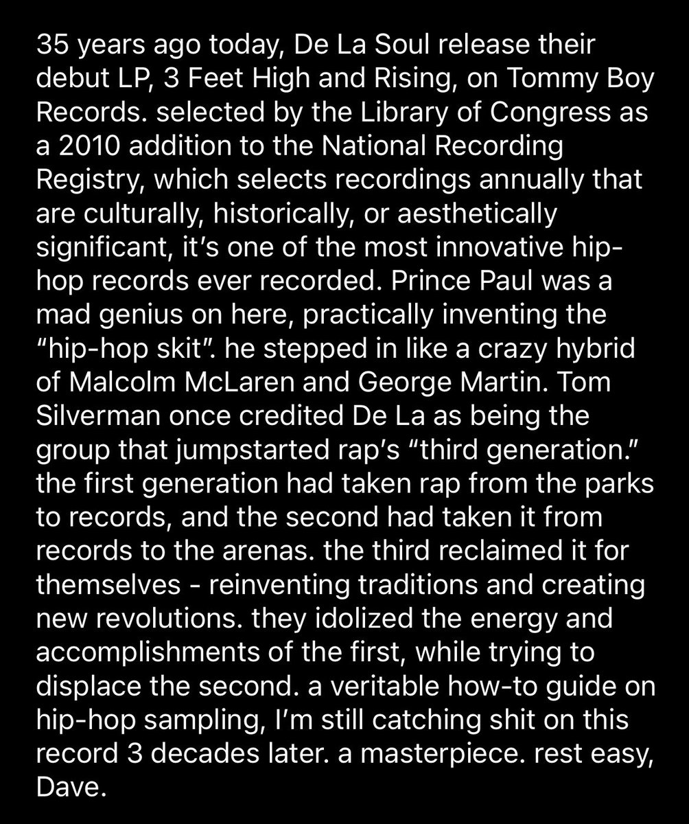 vinnie_paz's tweet photo. 35 years ago today, De La Soul release their debut LP, 3 Feet High and Rising, on Tommy Boy Records. #RIPTrugoy https://t.co/bPUNOCDhAF