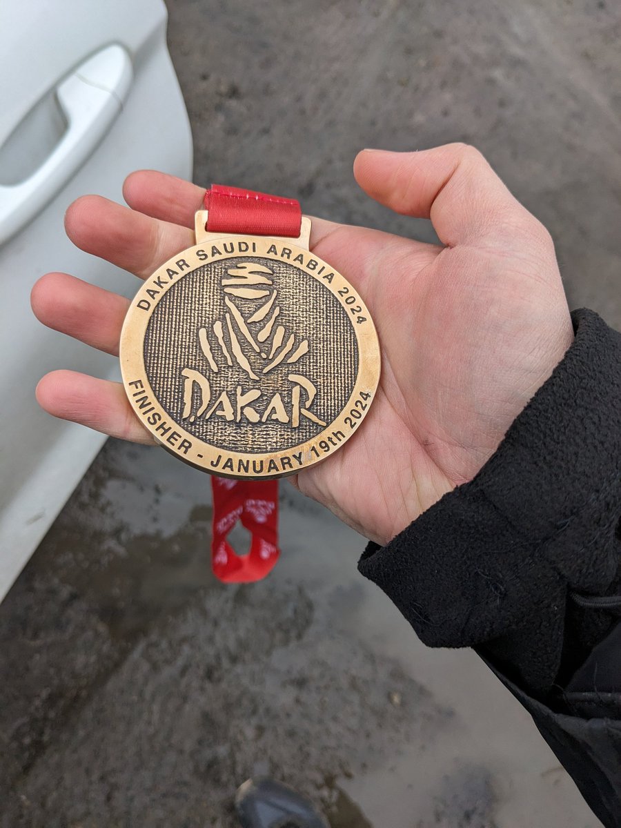 MJRallying's tweet photo. It's not everyday you get to see/hold one of these. Especially not a 2024 edition! 

What a challenge all the crews go to to get one. Incredible.

#dakar #finisher #challenge #manandmachine #truck https://t.co/BdZ3BW1Rue