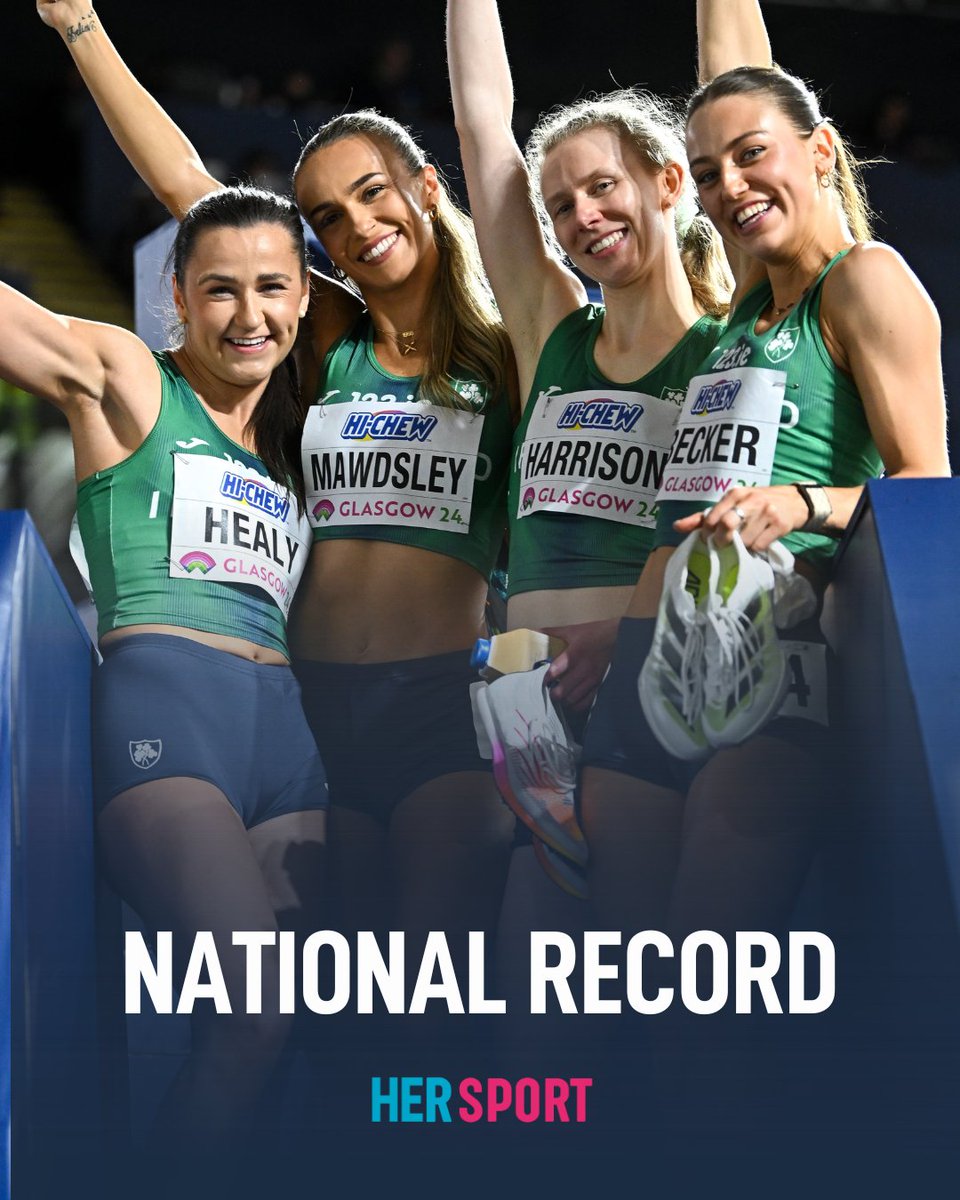 A NEW NATIONAL RECORD 🔥

The 4x400M Indoor Relay Team have set a new Irish National Record of 3:28.45 to qualify for this evenings final!

Phil Healy: 51.93 (Fastest in opening leg)
Sophie Becker: 53.05
Roisin Harrison: 52.99
Sharlene Mawdsley: 50.48 (Fastest in final leg)

🇮🇪